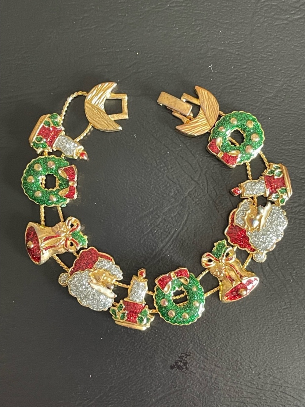 Vintage Christmas slide charm Bracelet in Gold Tone with Red & Green Enamel